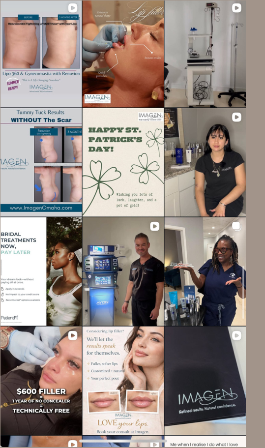 Grid of Imagen posts featuring staff, services, and promotions